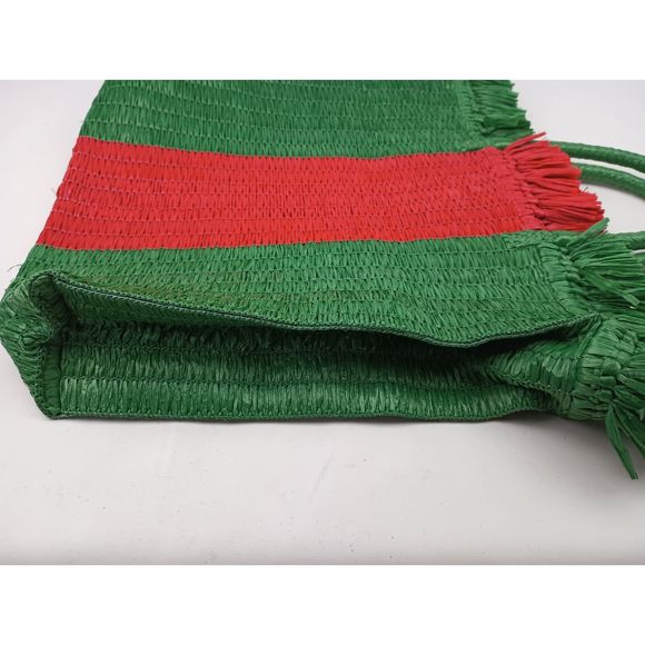 Gucci Green Stripe Web Woven Straw Raffia Tote Shopper Bag - Picture 4 of 8